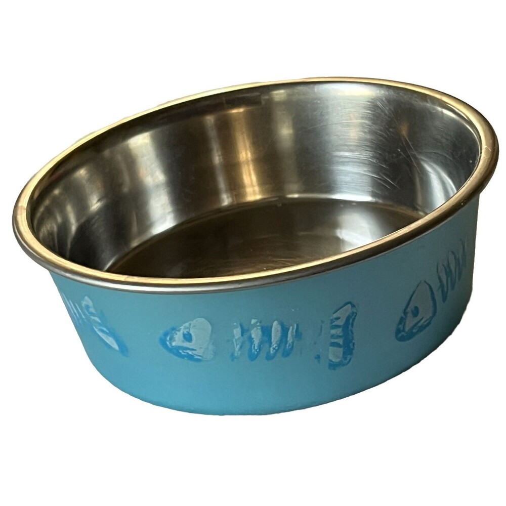 Pet Cat Dog Dish Stainless Steel Metal Food Water Bowl FISH BONE Blue Dishwasher